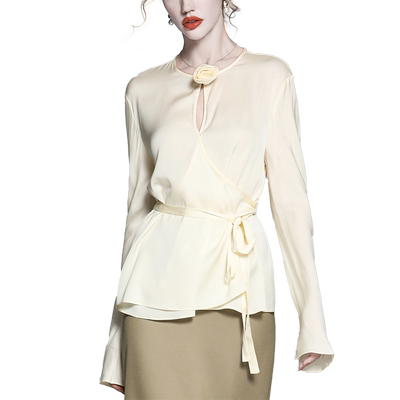 立体花朵系带收腰长袖真丝衬衫女