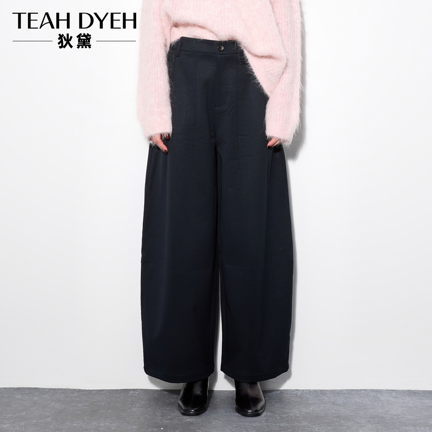 藏青色宽松阔腿弯刀长裤女秋冬
