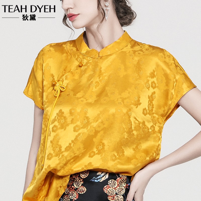 复古中国风中式桑蚕丝半袖提花上衣女夏季改良盘扣真丝香云纱衬衫