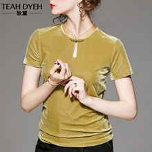 欧货金丝绒短袖上衣女2019秋装新款旗袍立领时尚洋气收腰小衫T恤