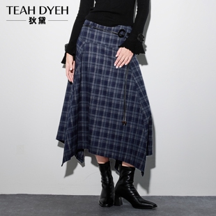 法国女作家 随性浪漫穿搭 复古学院不规则a字格子蓝色条纹半身裙