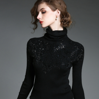 欧美秋冬高领螺纹修身镶钻亮片短款套头修身针织打底衫黑色毛衣女