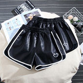 笑脸皮短裤 高腰宽松显瘦休闲外穿阔腿a字pu皮裤 女秋冬季 2022新款