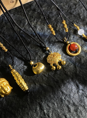 藏式古法金天珠黑绳项链花纹转运珠毛衣链路路通本命年挂坠锁骨