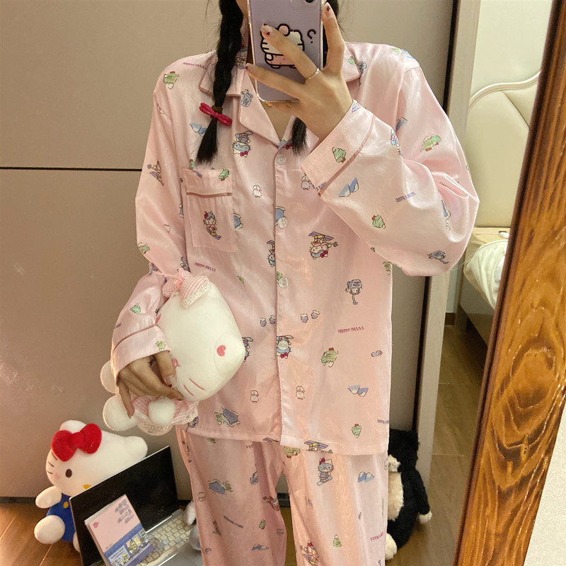 HELLOKITTY 여성용 잠옷 봄 가을 얼음 실크 긴팔 하이 엔드 귀여운 실크 가정 의류 여름 정장