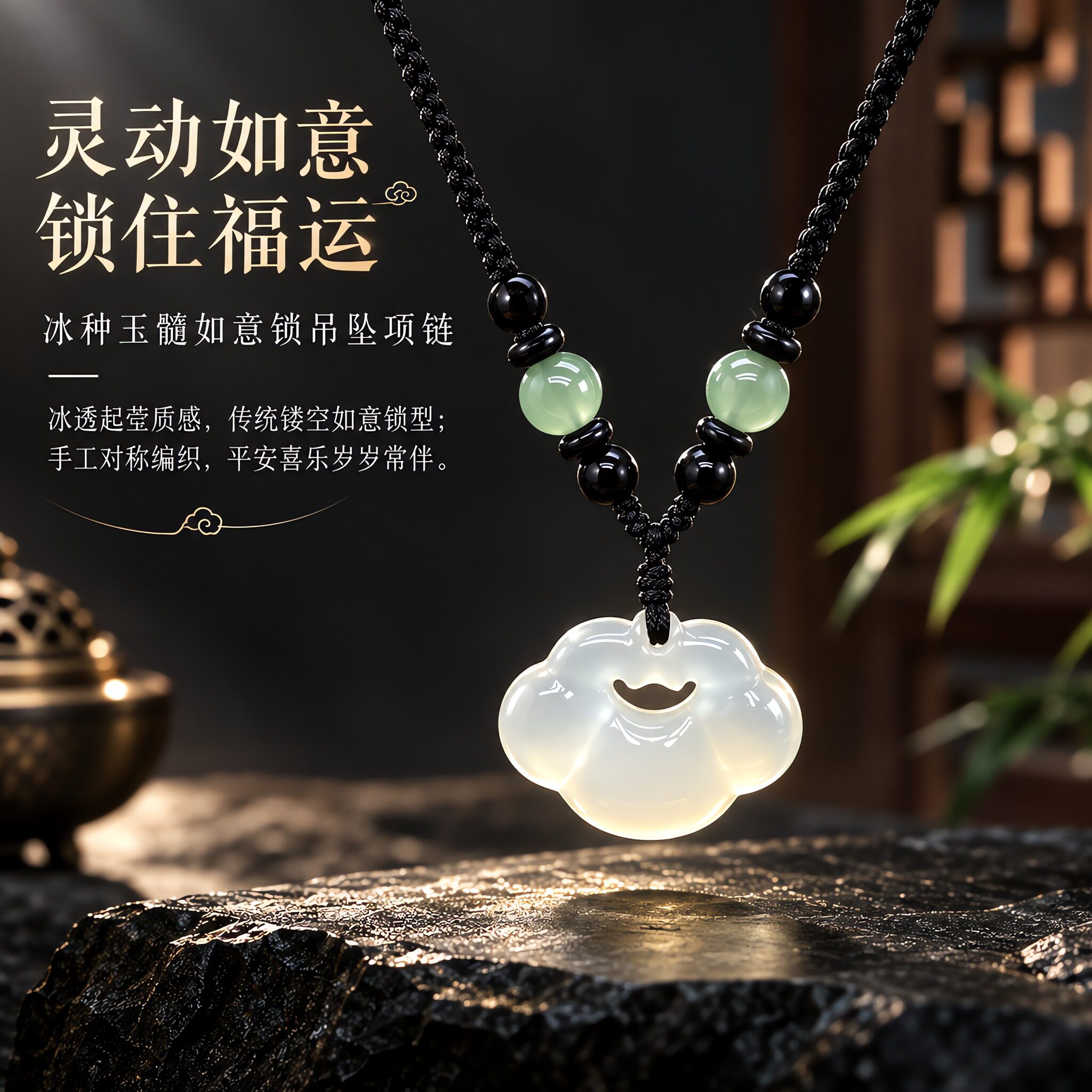 玛瑙祥云如意锁项链玉髓吊坠