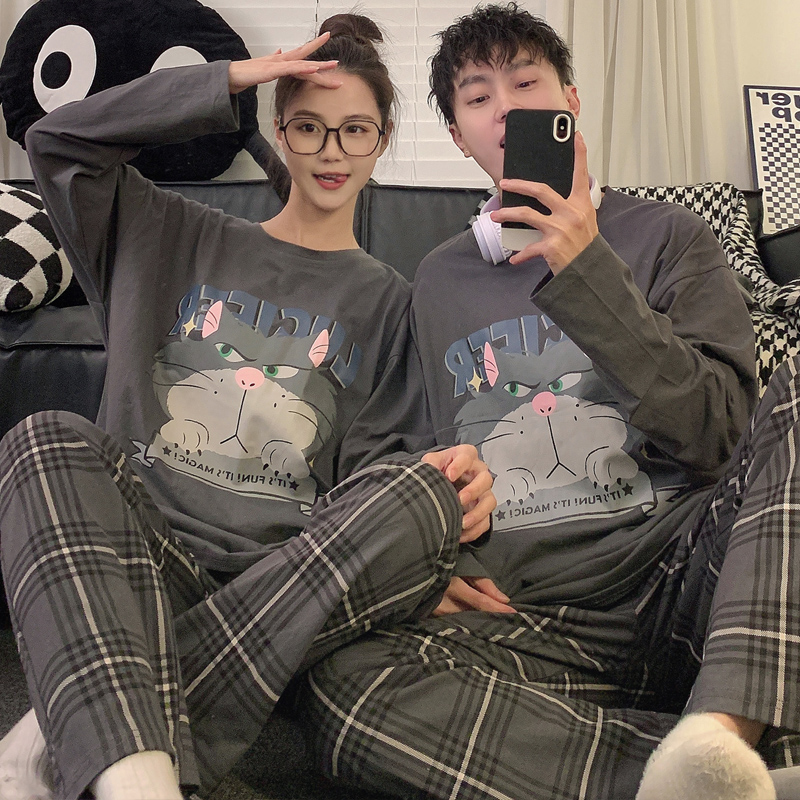 纯棉男女家居服套装卡通情侣睡衣