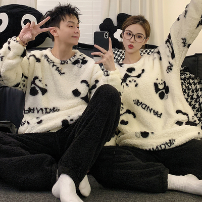 长毛绒熊猫情侣睡衣秋冬季居家服