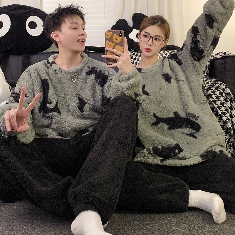 情侣睡衣秋冬季珊瑚绒居家服套装