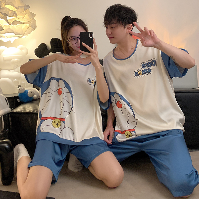 短袖套装卡通大码冰丝绸情侣睡衣