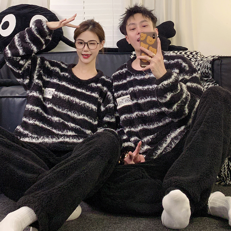 长毛绒情侣睡衣秋冬款女款珊瑚绒冬季加绒加厚男士条纹家居服套装