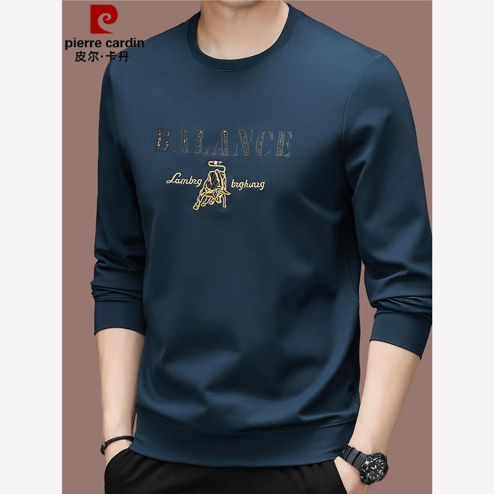 皮尔卡丹高端新款长袖纯棉t恤男士圆领春秋休闲卫衣加厚潮流男装