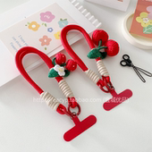 新年红色尼龙手机挂绳手提短款 毛线樱桃挂手腕手机链垫片防丢挂件