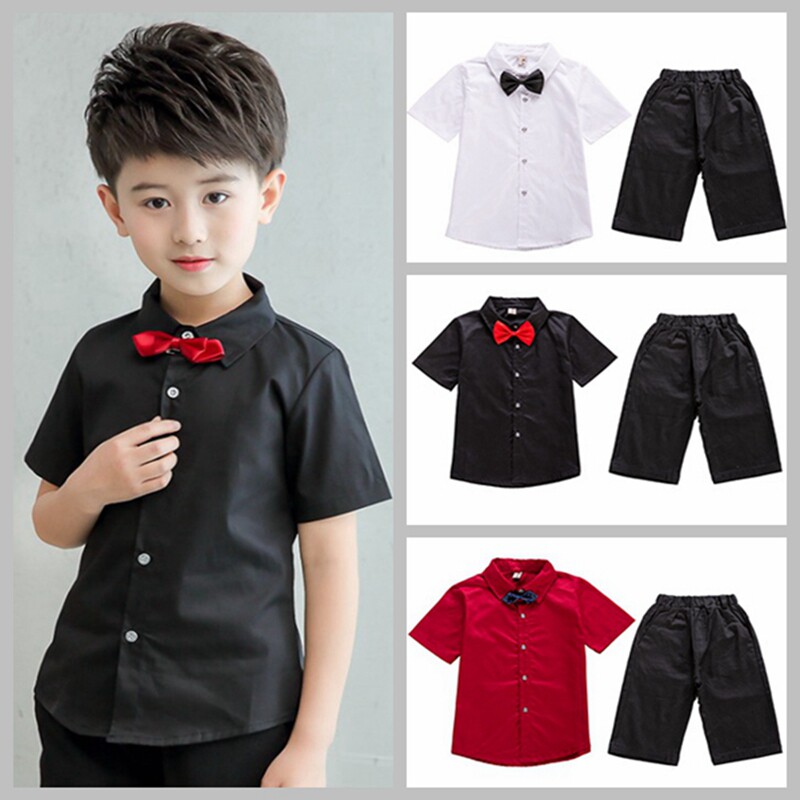 白衬衫西装黑短裤领结夏季演出服图片