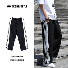 Guochao side breasted pants men's spring and autumn style straight wide pines versatile high street casual pants