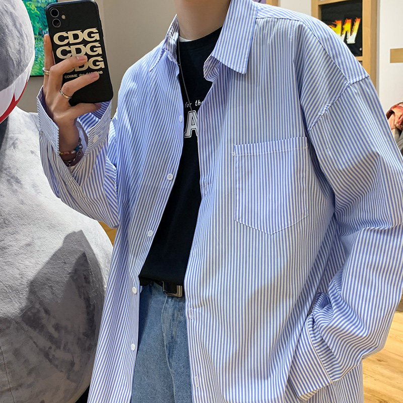 wassuphappy日系条纹长袖衬衫男款春秋季潮牌青少年痞帅休闲外套,男装衬衫,星座601-1