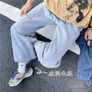 破洞毛边牛仔裤直筒chic宽松男女乞丐裤子ins潮牌男-NK125-p35图片