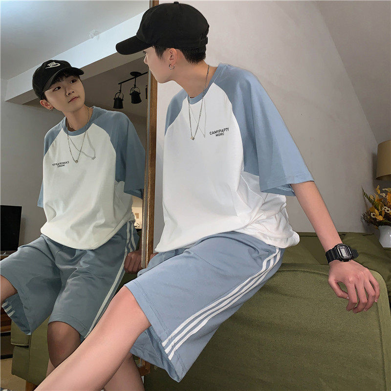 短袖t恤潮男搭配短裤一套条纹季休闲运动套装港风-TZ4497-p40,男装休闲套装,星座601-1