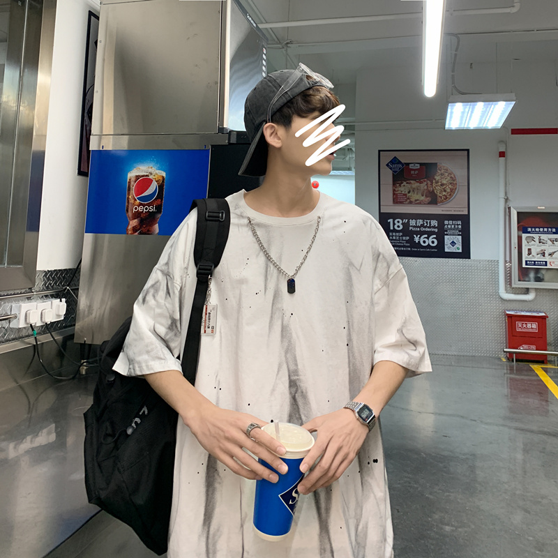 2021ins暗黑系扎染項鍊短袖T恤男寬鬆嘻哈半袖情侶短袖