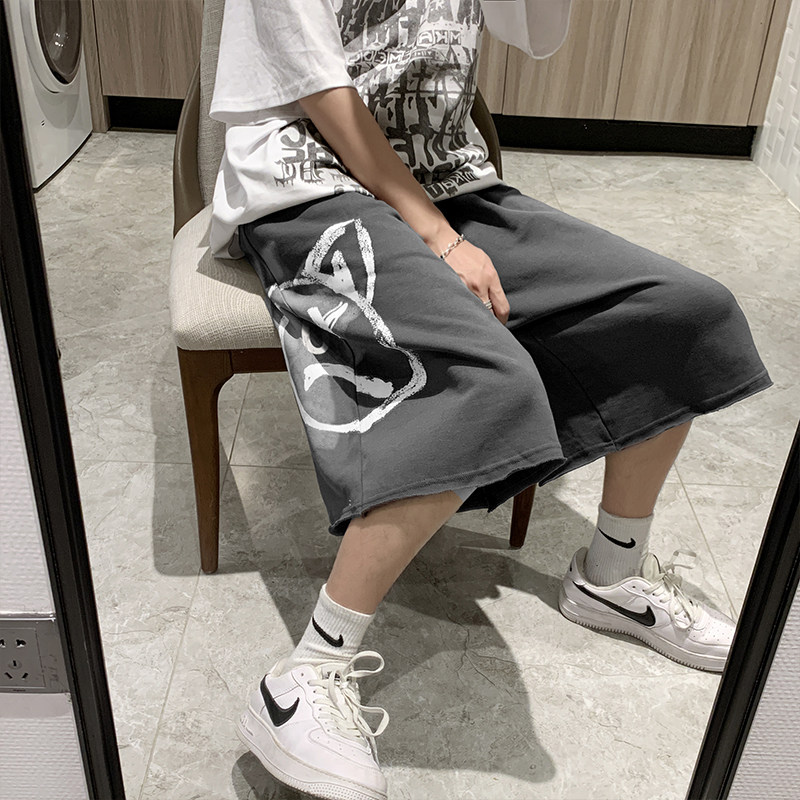 小鬼脸毛边短裤男夏新款宽松ins直筒潮流五分裤子薄,男装休闲裤,星座601-1
