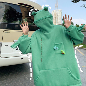 炸街情侣装加绒加厚青蛙套头卫衣女宽松韩版闺蜜装秋冬季班服上衣,女士时尚裤子穿搭图片图片