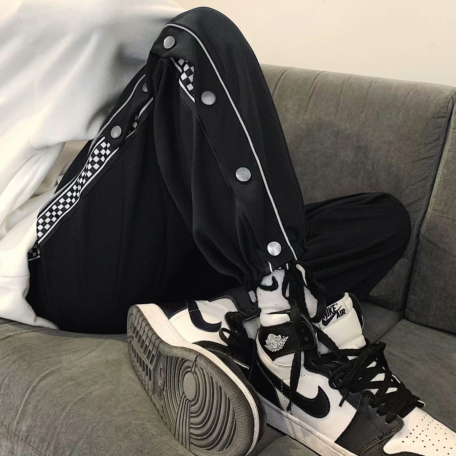 潮流ins复古排扣开叉反光条休闲裤运动长裤男女-k2910-p35,男装休闲裤,星座601-1