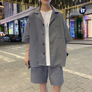 ins港风夏季韩版休闲2件套短袖男五分袖外套潮流宽松西服短裤套装图片