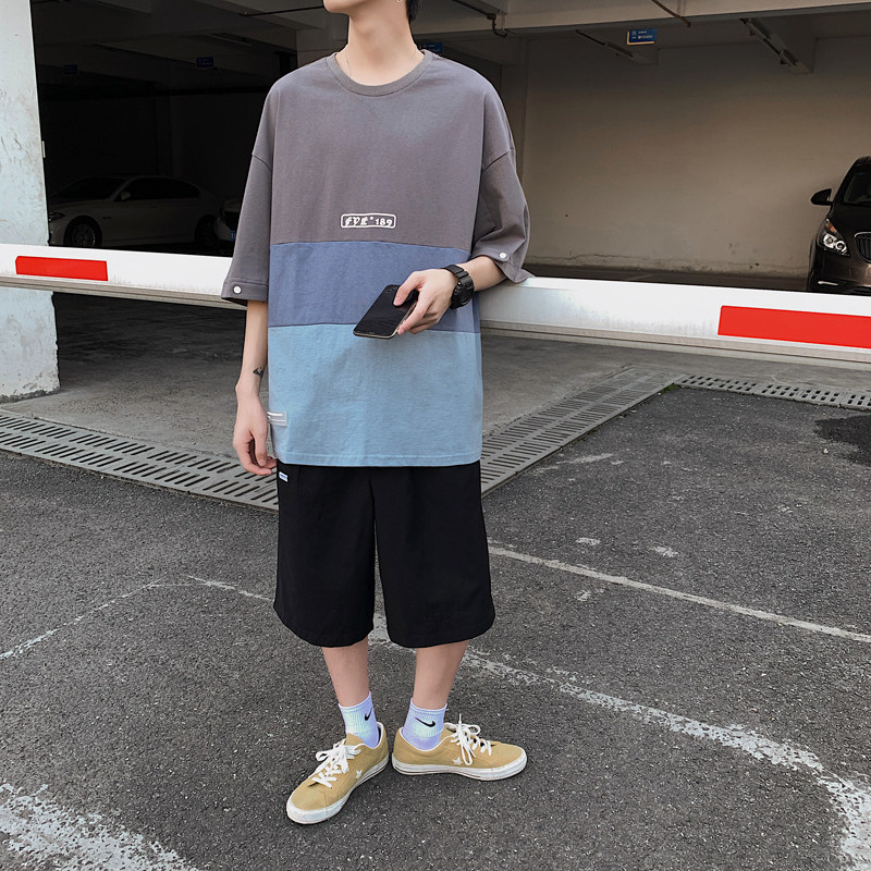 2021夏季情侣拼色小字母印花T短袖T恤五分袖601-1--T53-p20,男装T恤,星座601-1