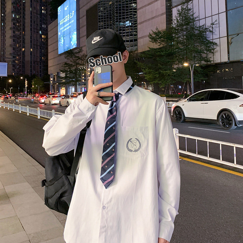 送领带`原创刺绣长袖jk衬衫男dk制服情侣学院风白衬衣班服,男装衬衫,星座601-1