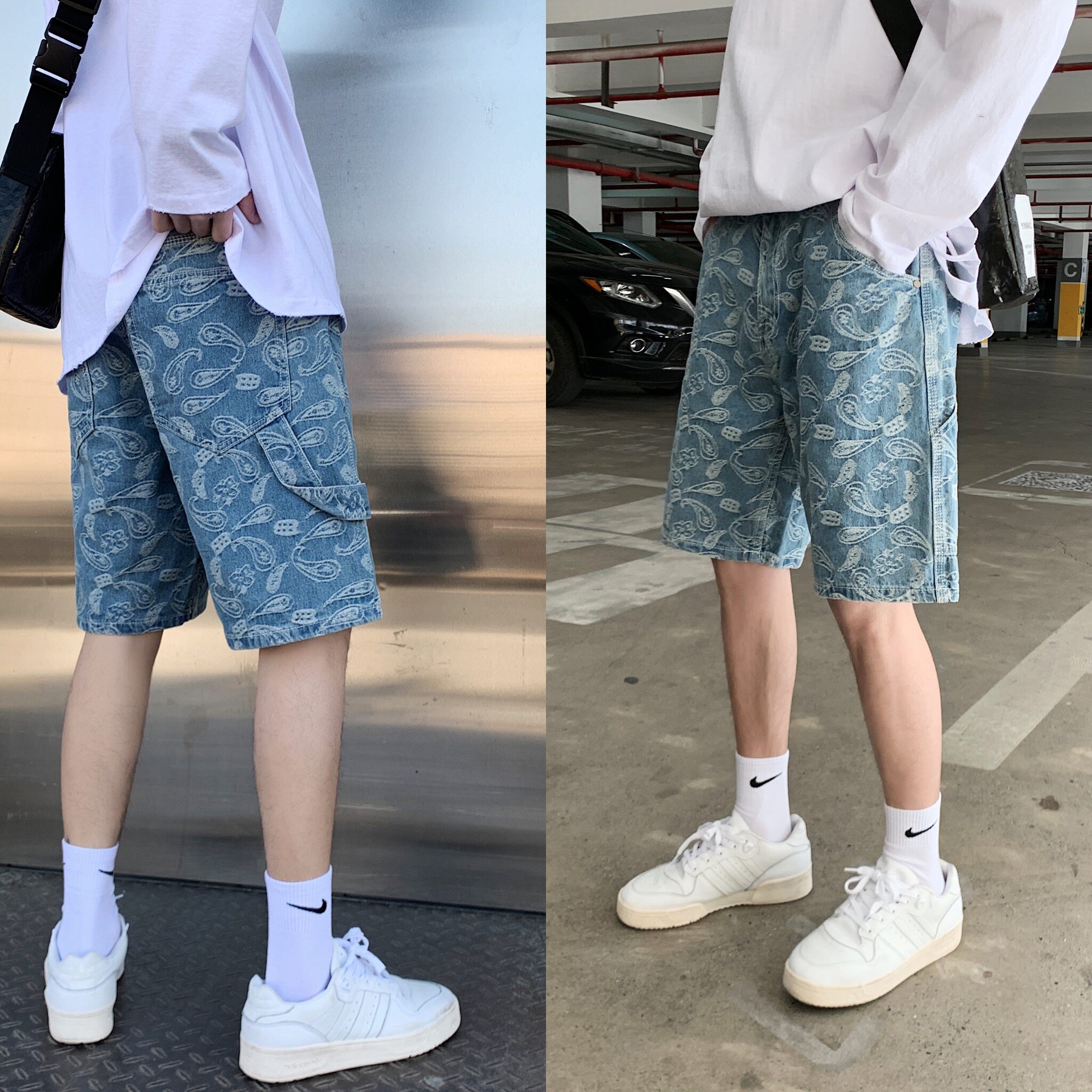 夏季腰果花淡色牛仔短裤男宽松韩版潮牌胖子提花五分牛仔裤子图片