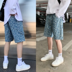 夏季腰果花淡色牛仔短裤男宽松韩版潮牌胖子提花五分牛仔裤子图片