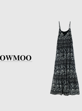夏气质黑色碎花高腰显瘦海边度假碎花裙A字印花吊带连衣裙25X1089