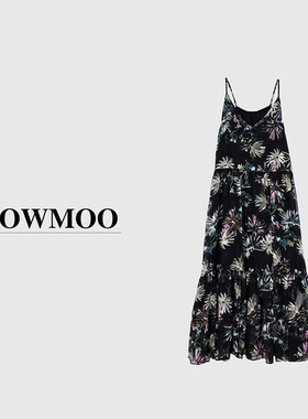 夏气质黑色碎花高腰显瘦海边度假碎花裙A字印花吊带连衣裙25X1079