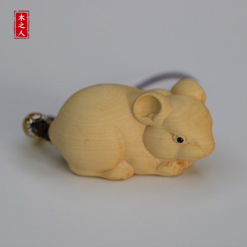 黄杨木雕动物老鼠手把件