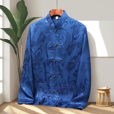 新中式唐装男冰丝长袖衬衫