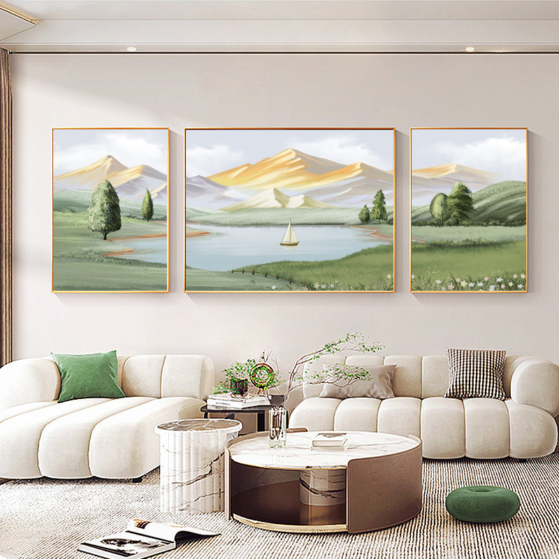 沙发背景墙装饰画现代简约山水画客厅挂画风景轻奢高级感三联壁画