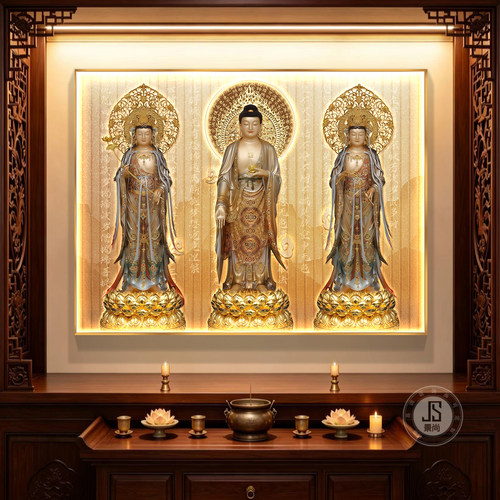 新款单幅西方三圣挂画横版家用供奉画像佛堂阿弥陀佛观音菩萨壁画