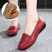 舒适防滑女式 单鞋 女软底豆豆鞋 春秋真皮妈妈鞋 红色中老年平底皮鞋