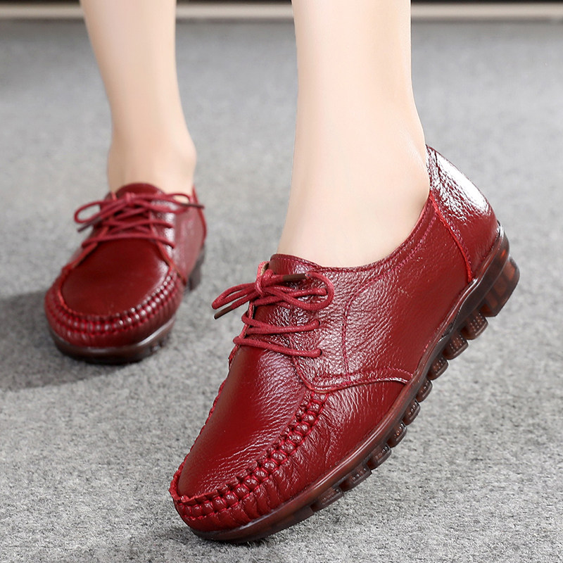 中年妈妈鞋真皮平底系带红色牛筋软底皮鞋春秋舒适百搭休闲单鞋女,女鞋,深口单鞋,淘宝优惠券,粉丝福利购,淘宝优惠卷