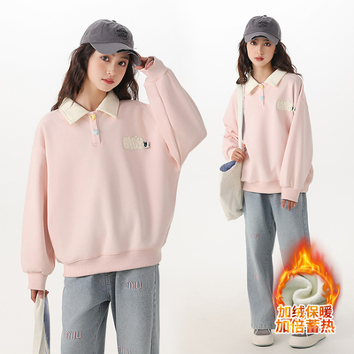 女童加绒卫衣秋冬装大码大童宽松初高中生冬季polo衫洋气卡通上衣
