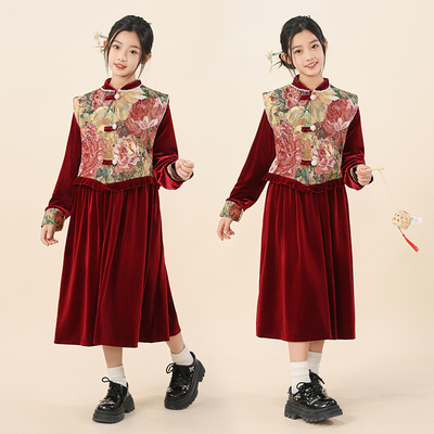 偏胖女童拜年服秋冬装加肥加大码旗袍连衣裙新中式喜庆礼服两件套