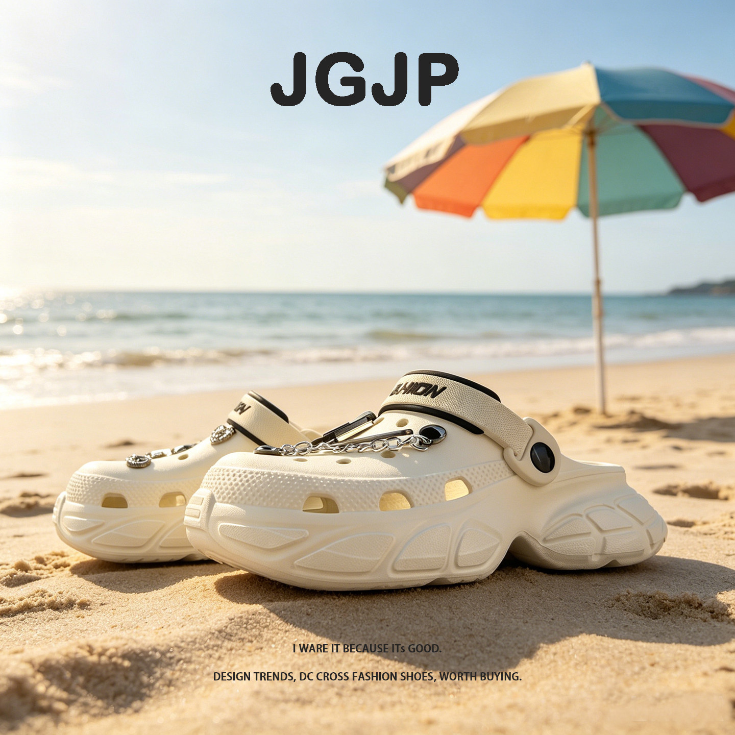 JGJP合金别针洞洞鞋夏季外穿新款懒人时尚厚底休闲包头鞋男女情侣