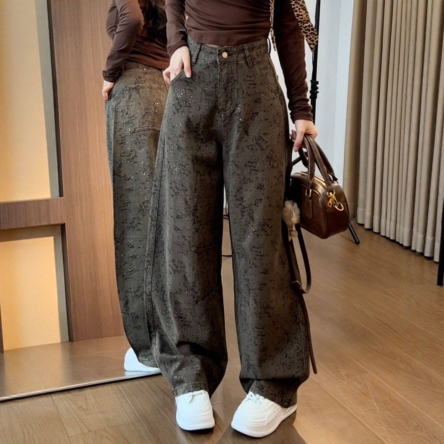 美式烫钻提花牛仔裤女秋