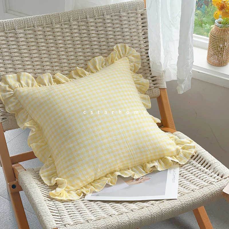 奶油小格子~原创全棉A类双层纱花边抱枕沙发卧室靠垫含芯可拆洗