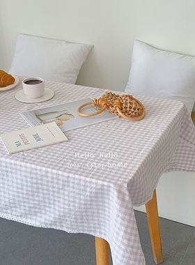 ins紫色格子桌布茶几书桌床头柜咖啡馆餐桌宿舍拍照棉背景布定制