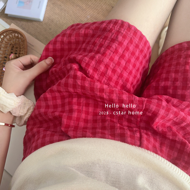 可外穿！炒显白树莓红格子短裤夏季薄款透气宽松女款睡裤家居裤