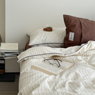 ins日式简约条纹嵌条款纯棉床单床笠款床上用品宿舍三件套四件套