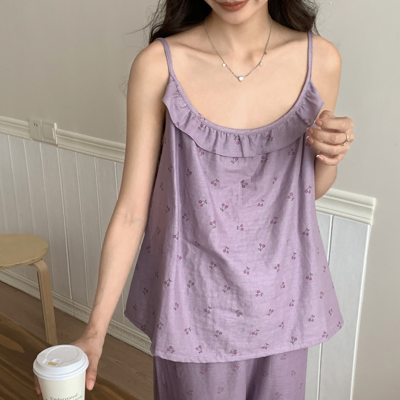 升级带胸垫~ins全棉家居服A类双层纱紫樱桃纯棉吊带短裤长裤套装
