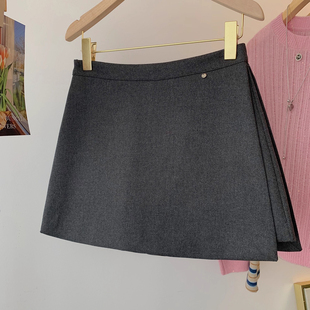 羊毛呢秋冬半身两侧开叉短裙裤 2025新款 遮肚a字秋冬深灰色一片式