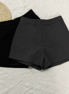 2025春夏新款高级深灰色西装短裤女高腰口袋阔腿外穿修身显瘦热裤